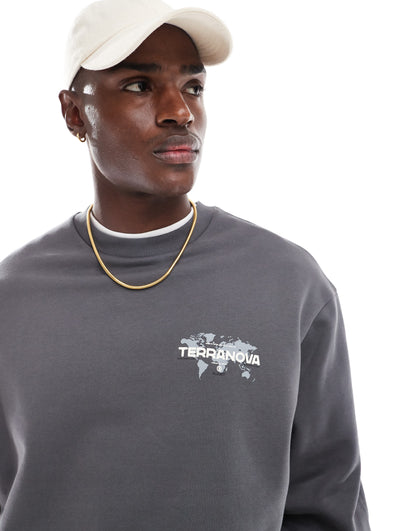 ASOS DESIGN sweatshirt with map and text print in washed black