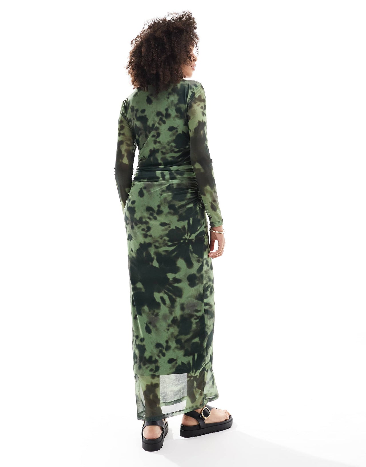 Vero Moda long sleeved mesh maxi dress in green blurred floral