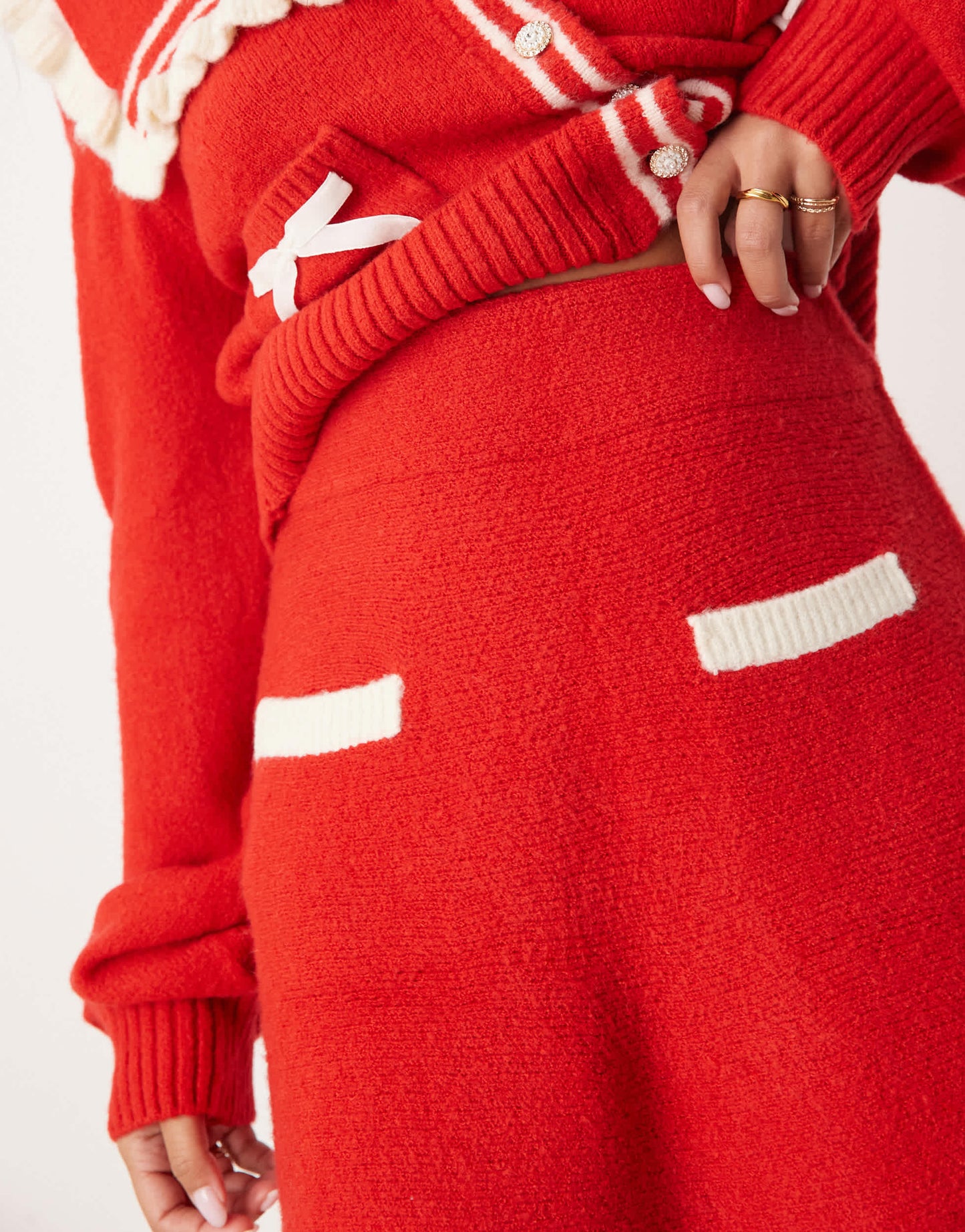 Neon Rose knitted pocket detail mini skirt co-ord in red