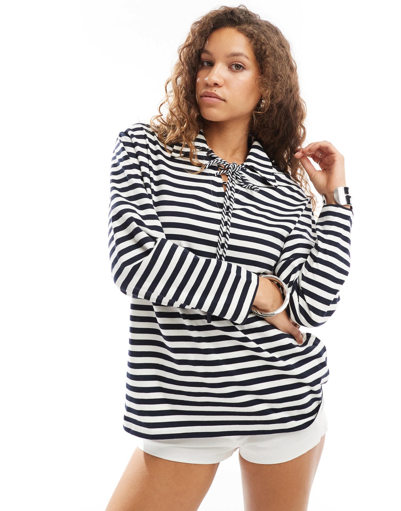 Urban Revivo tie detail relaxed striped sweater in blue and white