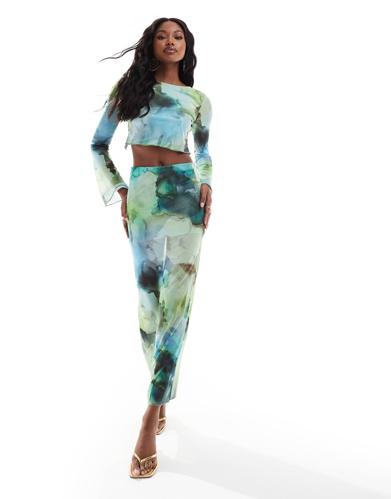 ASOS DESIGN co-ord mesh open back flared sleeve top in blurred floral