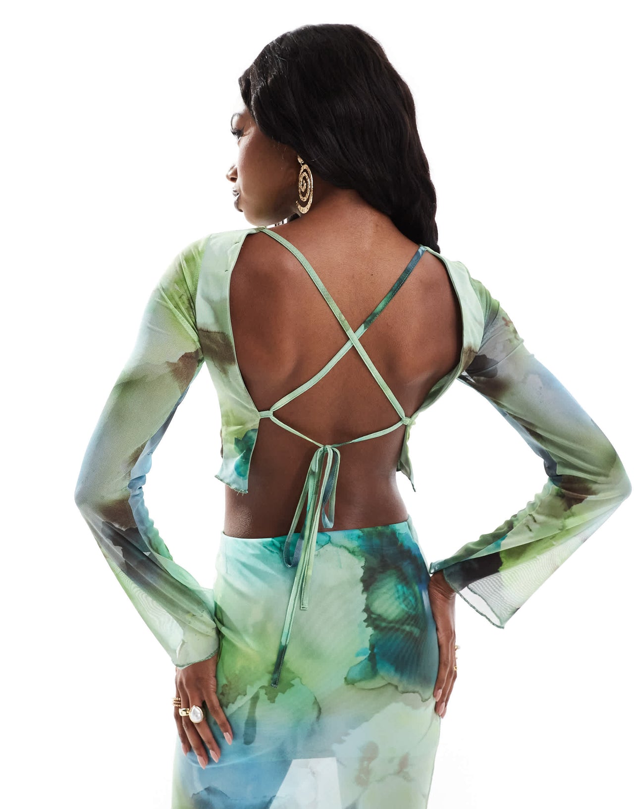 ASOS DESIGN co-ord mesh open back flared sleeve top in blurred floral