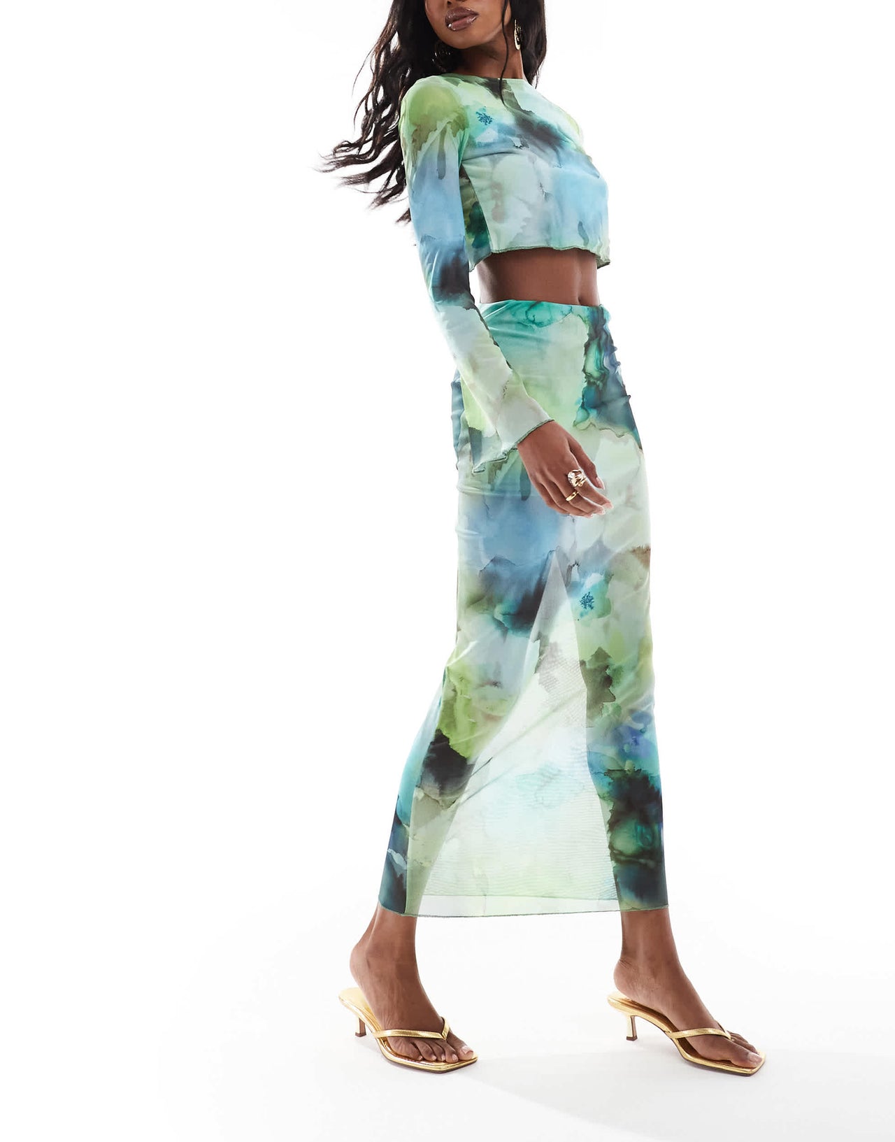 ASOS DESIGN co-ord mesh maxi skirt in blurred floral