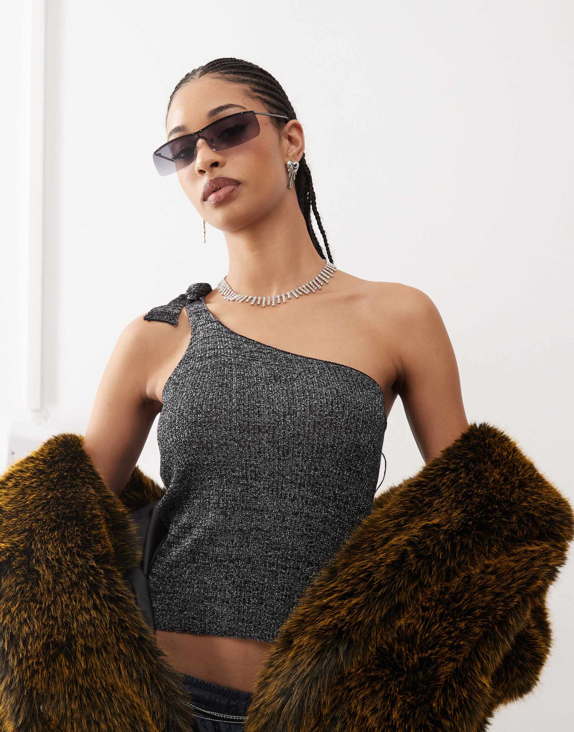 COLLUSION shimmer knitted one shoulder top in black - BLACK