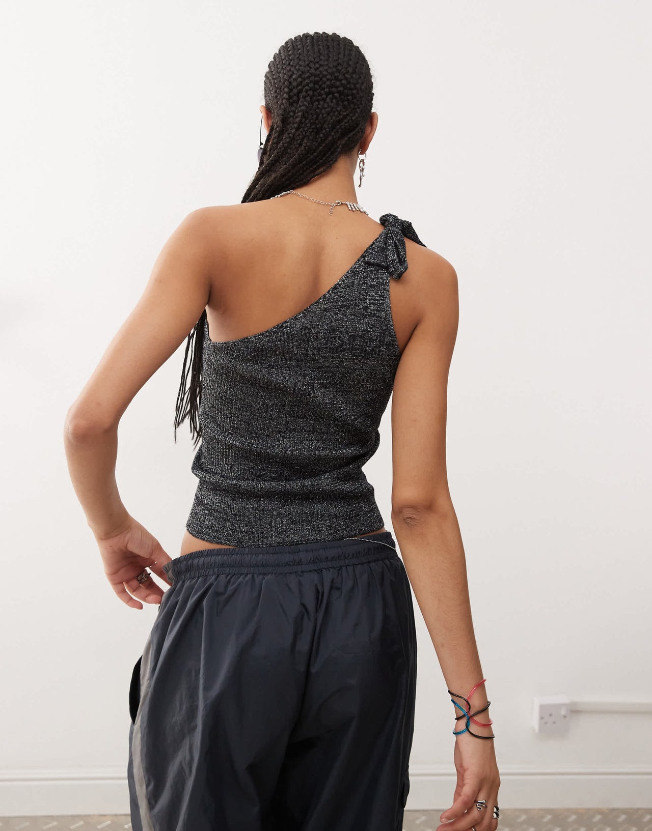 COLLUSION shimmer knitted one shoulder top in black - BLACK