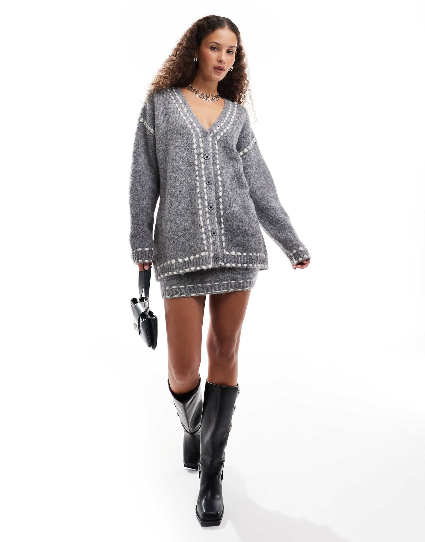 Emory Park longline stitch detail cardigan co-ord in grey