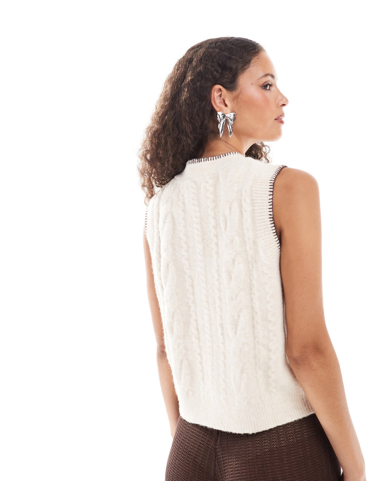 Urban Revivo cable knit fuzzy sleevelss cardigan in beige