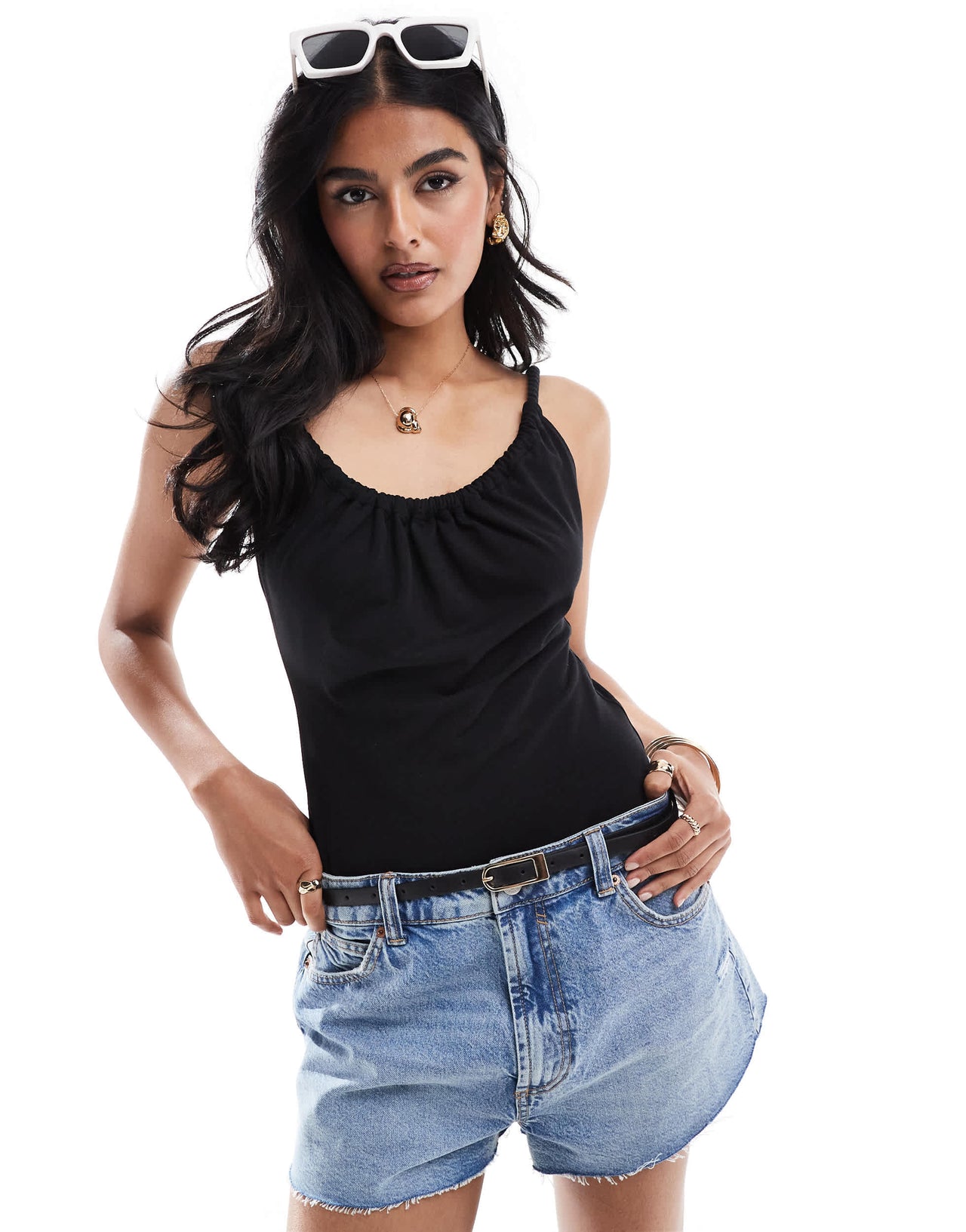 & Other Stories double lined bodysuit with ruche neckline with rope tie back in black