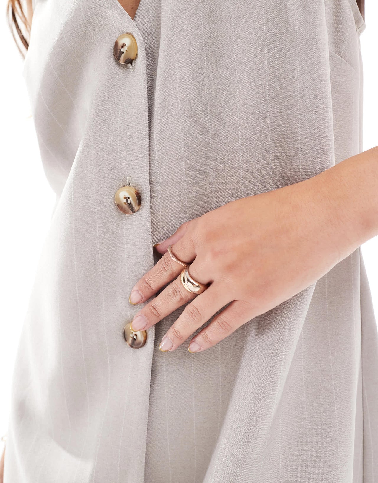 ASOS DESIGN v neck button through pinstripe playsuit in light sand