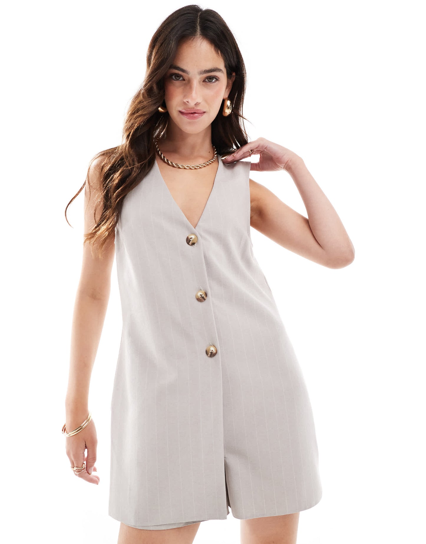 ASOS DESIGN v neck button through pinstripe playsuit in light sand