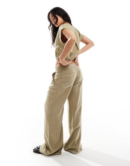 Pull&Bear wide leg linen trouser co-ord with raw hem in light khaki