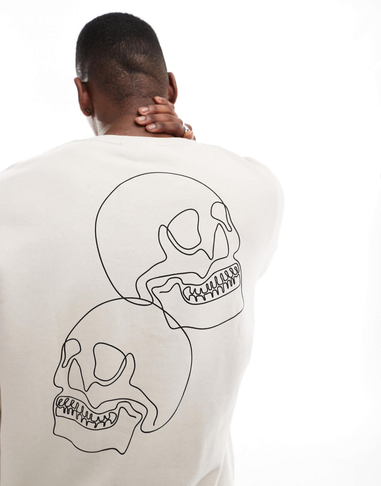 Jack & Jones drop shoulder crew neck sweat with skull back print in beige