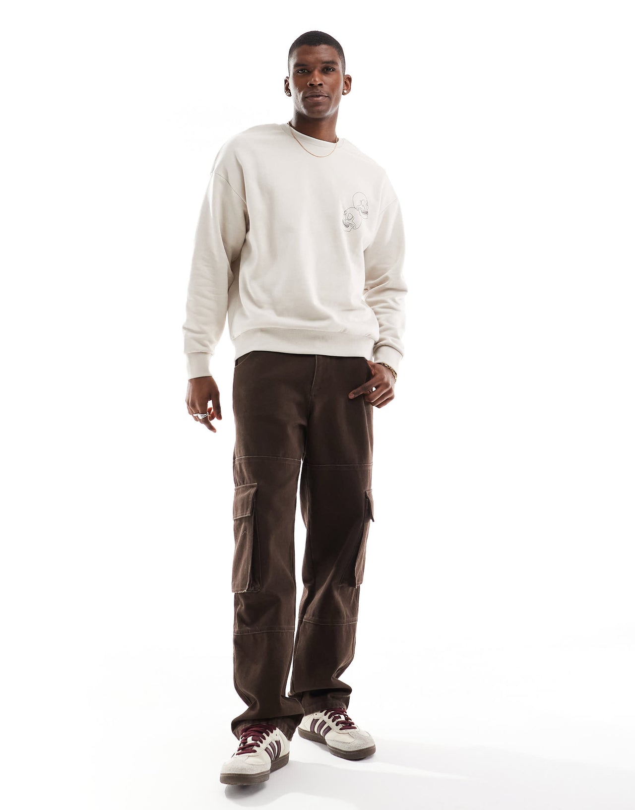 Jack & Jones drop shoulder crew neck sweat with skull back print in beige