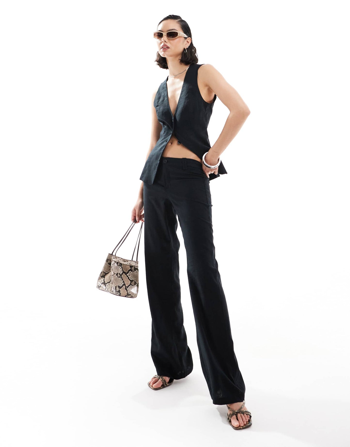 Bershka low rise linen wide leg tailored trousers co-ord in black