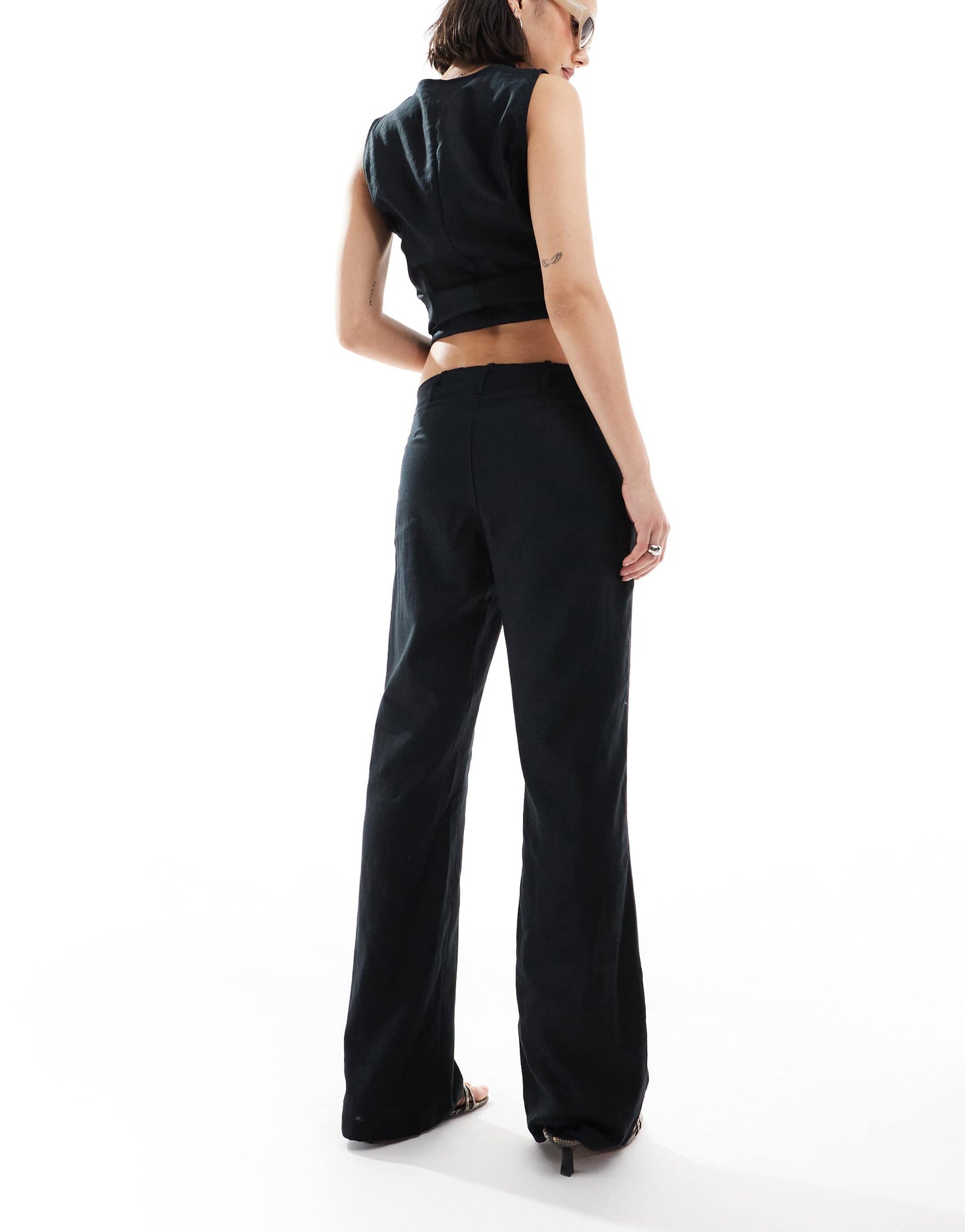 Bershka low rise linen wide leg tailored trousers co-ord in black