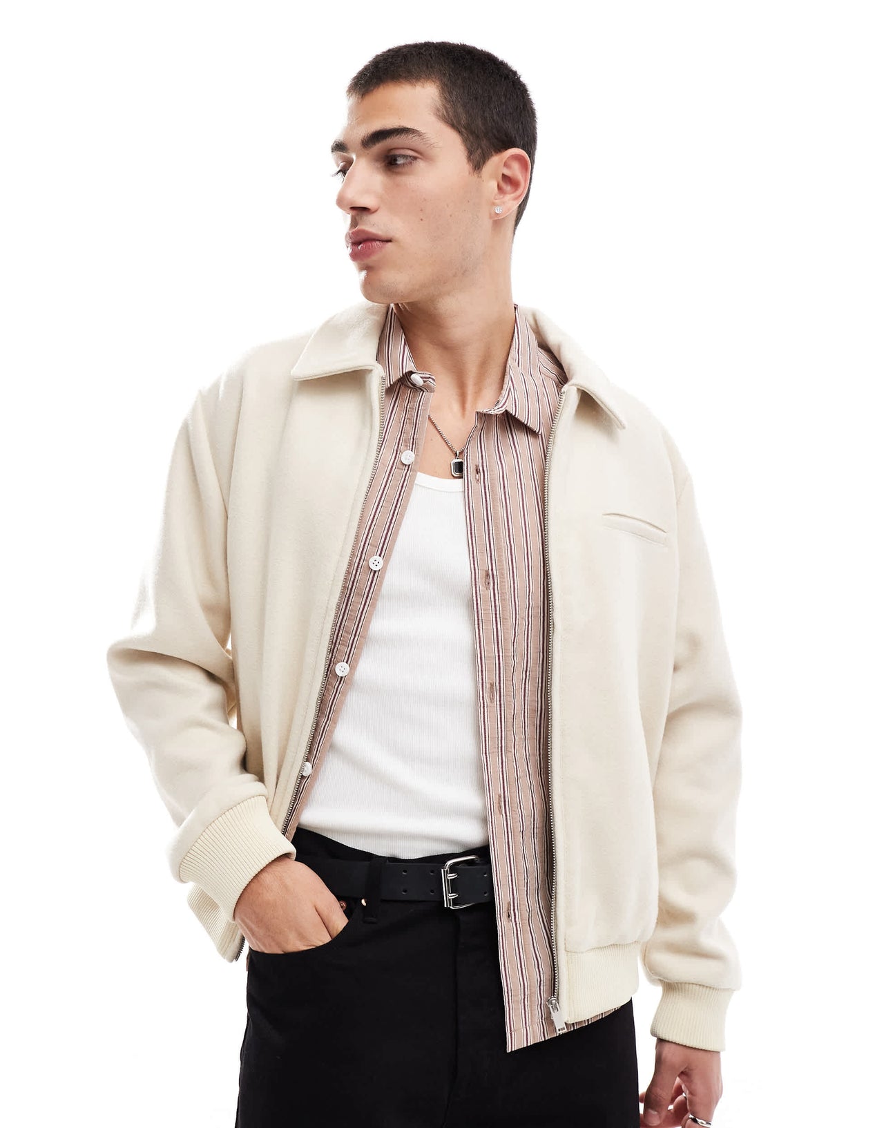 ASOS DESIGN wool look harrington jacket in ecru