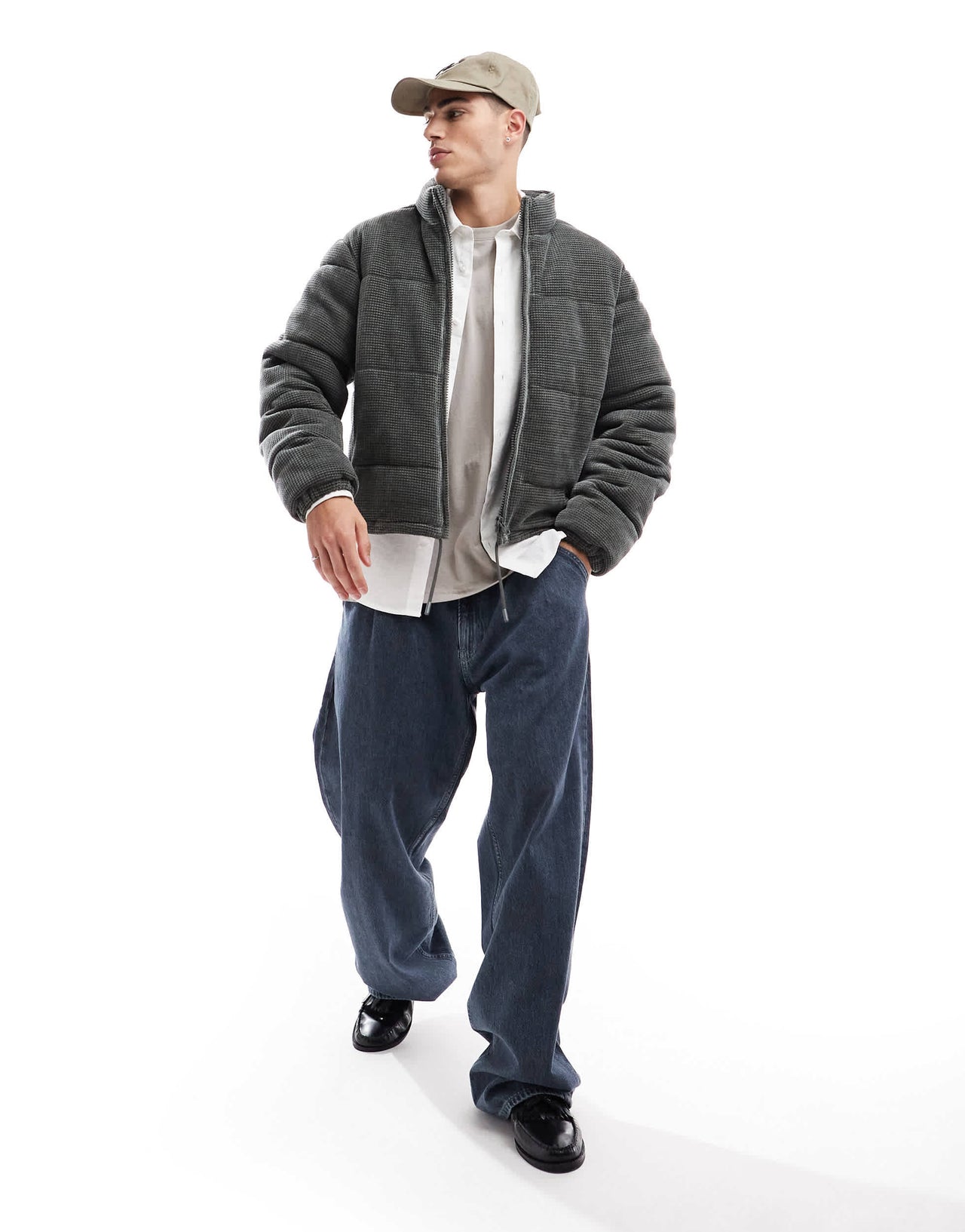 ASOS DESIGN cropped waffle cord puffer jacket in grey