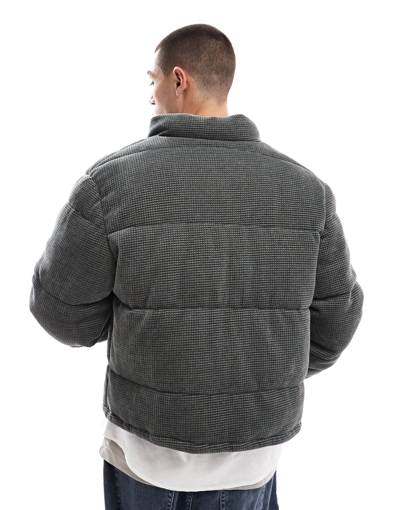 ASOS DESIGN cropped waffle cord puffer jacket in grey