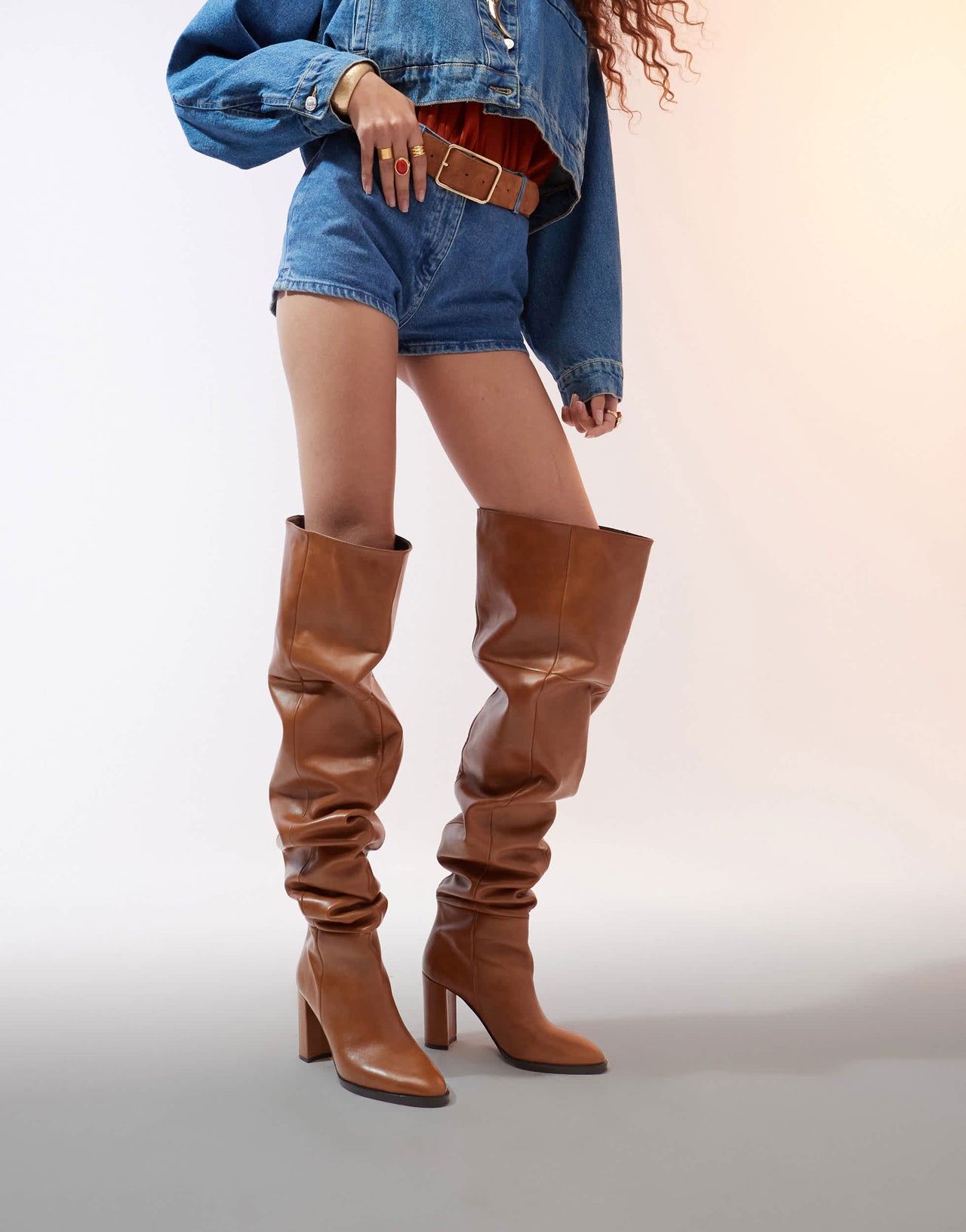 ASOS DESIGN Kiki premium heeled leather over the knee boots in tan