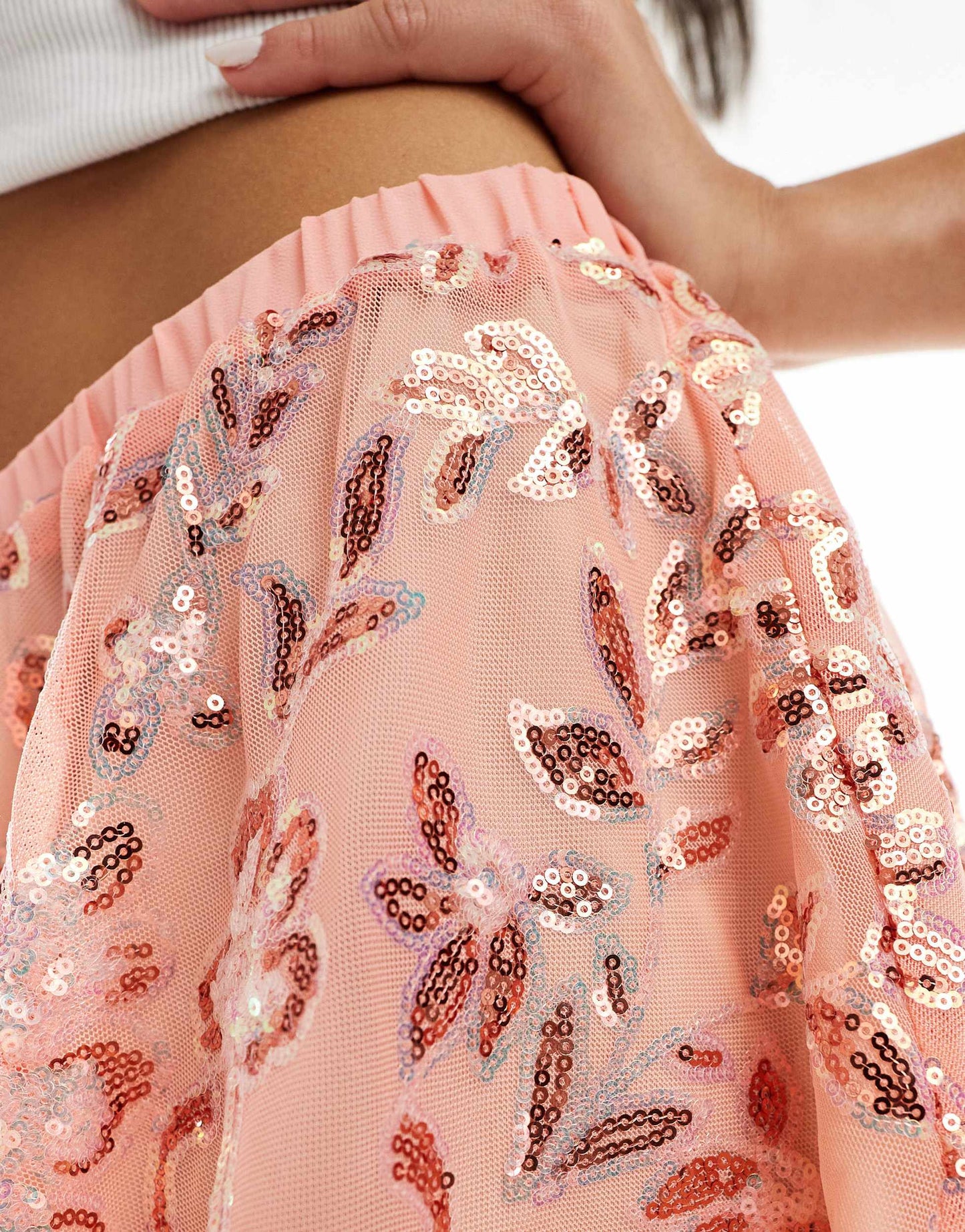 Labelrail x Olivia Grace Herring sequin mesh layered mini skirt in peachy pink