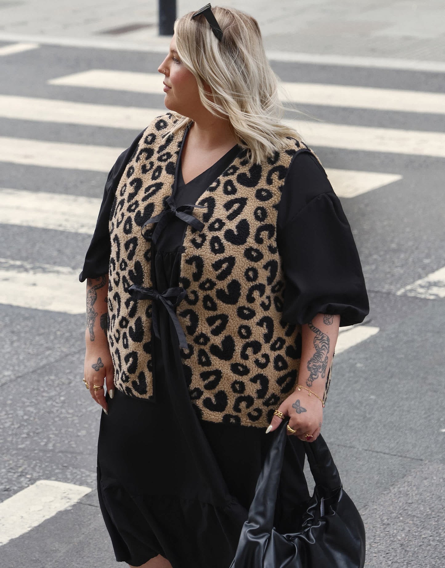Renee Studio Plus x Holly Wynne exclusive collar detail tie front reversible padded gilet in leopard