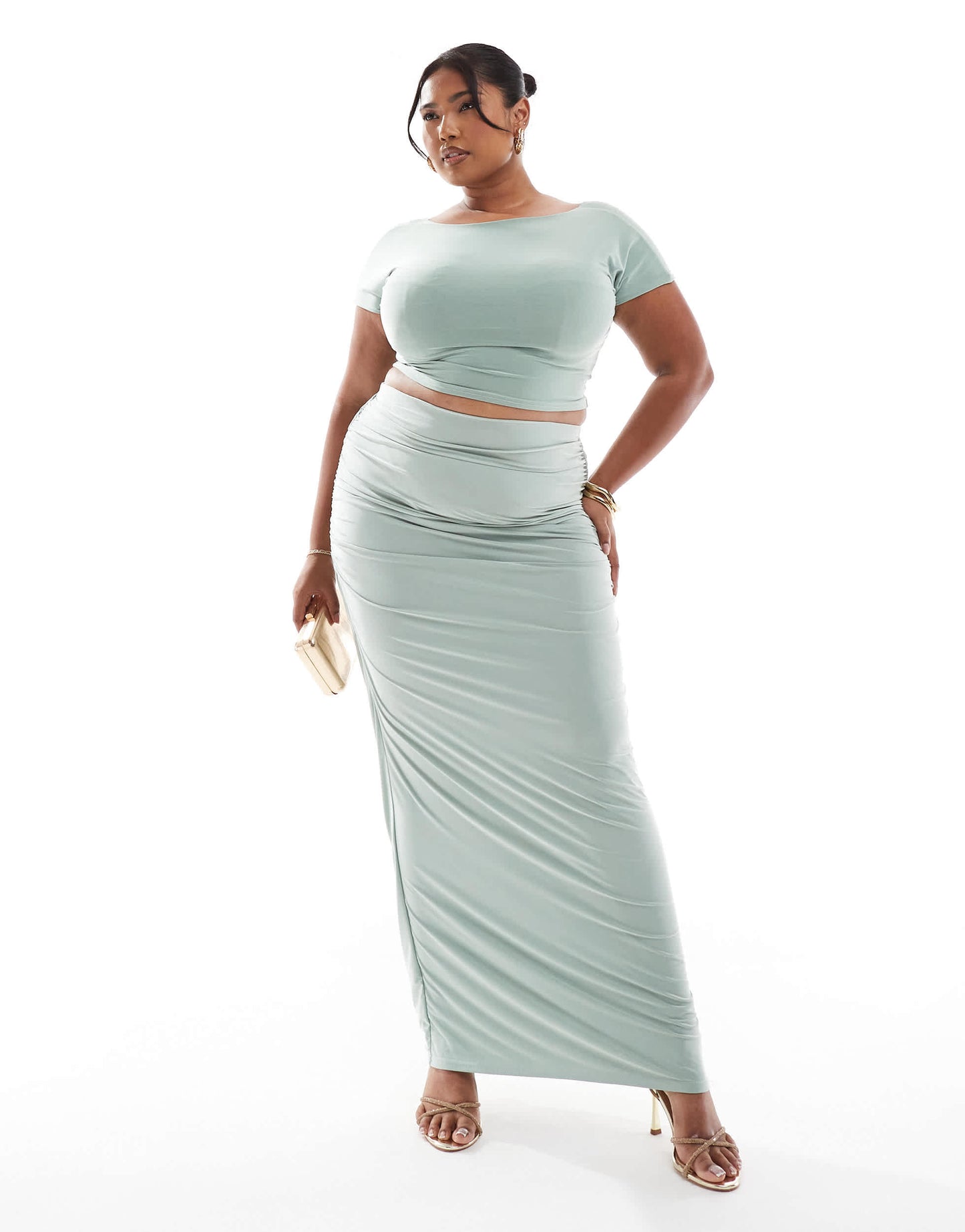 Kaiia Plus exclusive double layered slinky ruched column maxi skirt co-ord in sage