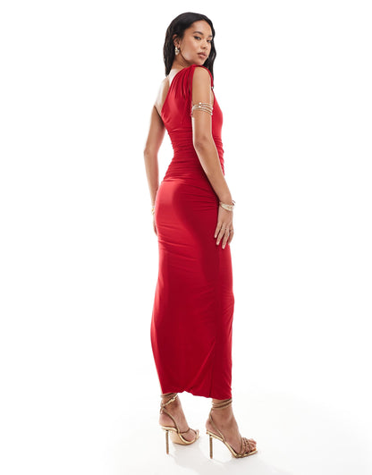 Kaiia exclusive double layered slinky ruched one shoulder maxi dress in red