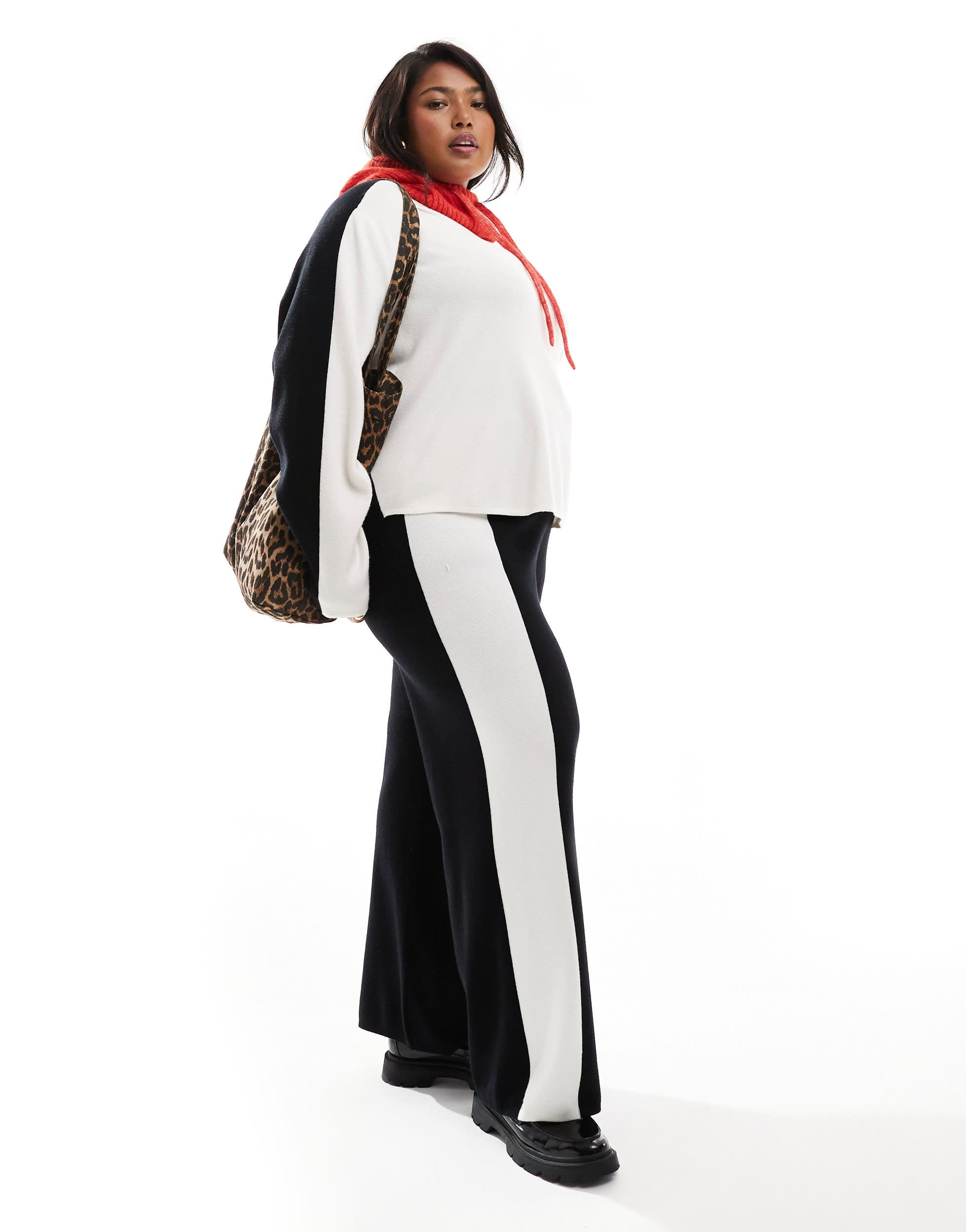 Renee Studio Plus x Holly Wynne exclusive knitted contrast side stripe wide leg trousers co-ord in black and cream