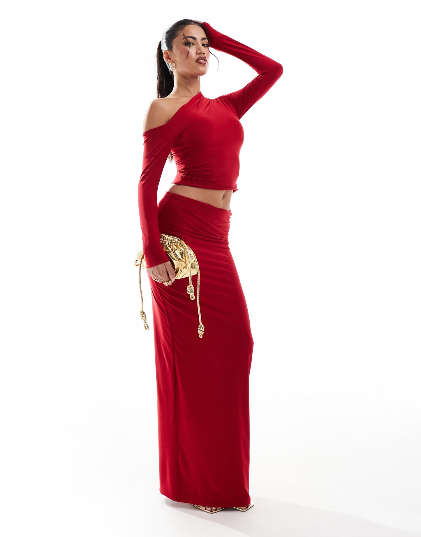 Kaiia exclusive double layered slinky ruched folded waist column maxi skirt co-ord in red