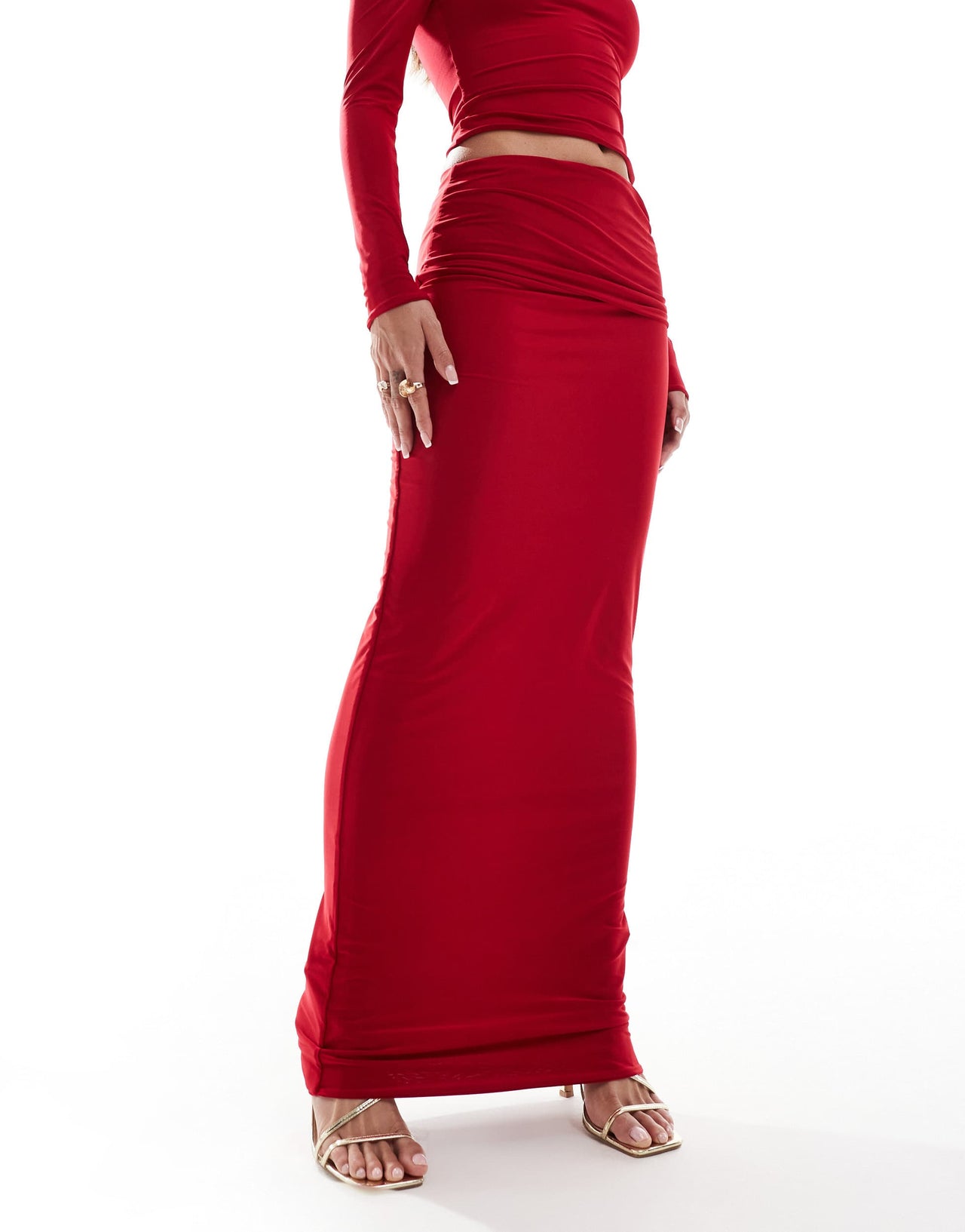 Kaiia exclusive double layered slinky ruched folded waist column maxi skirt co-ord in red
