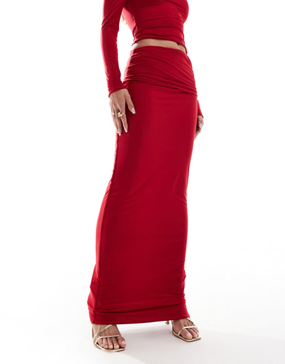 Kaiia exclusive double layered slinky ruched folded waist column maxi skirt co-ord in red
