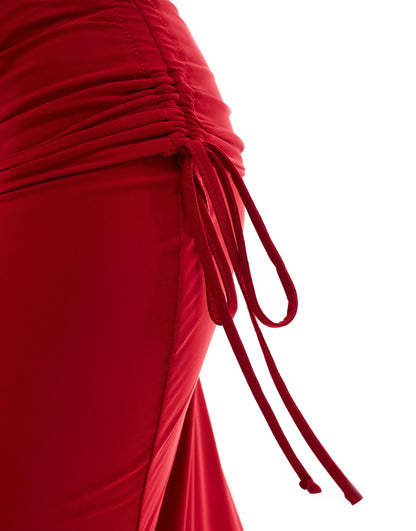 Kaiia exclusive double layered slinky ruched folded waist column maxi skirt co-ord in red
