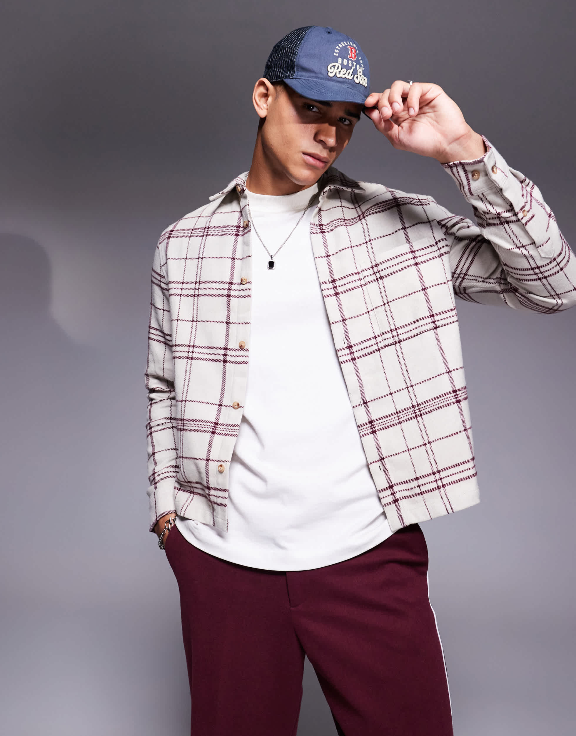 ASOS DESIGN boxy brushed flannel regular shirt in cream and red heavyweight check