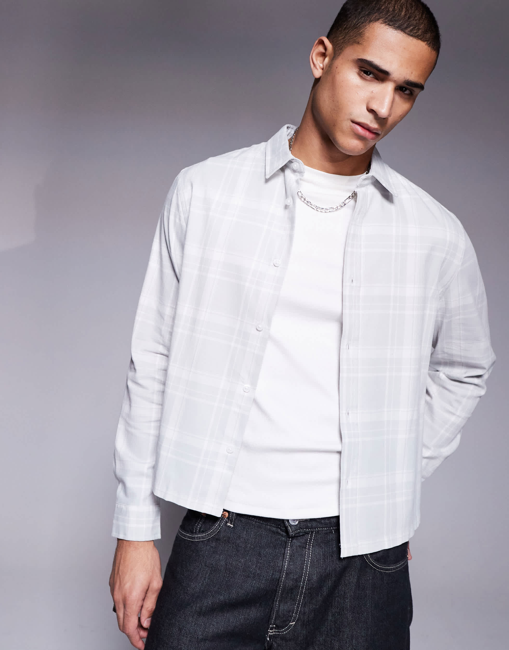 ASOS DESIGN boxy regular shirt in grey check