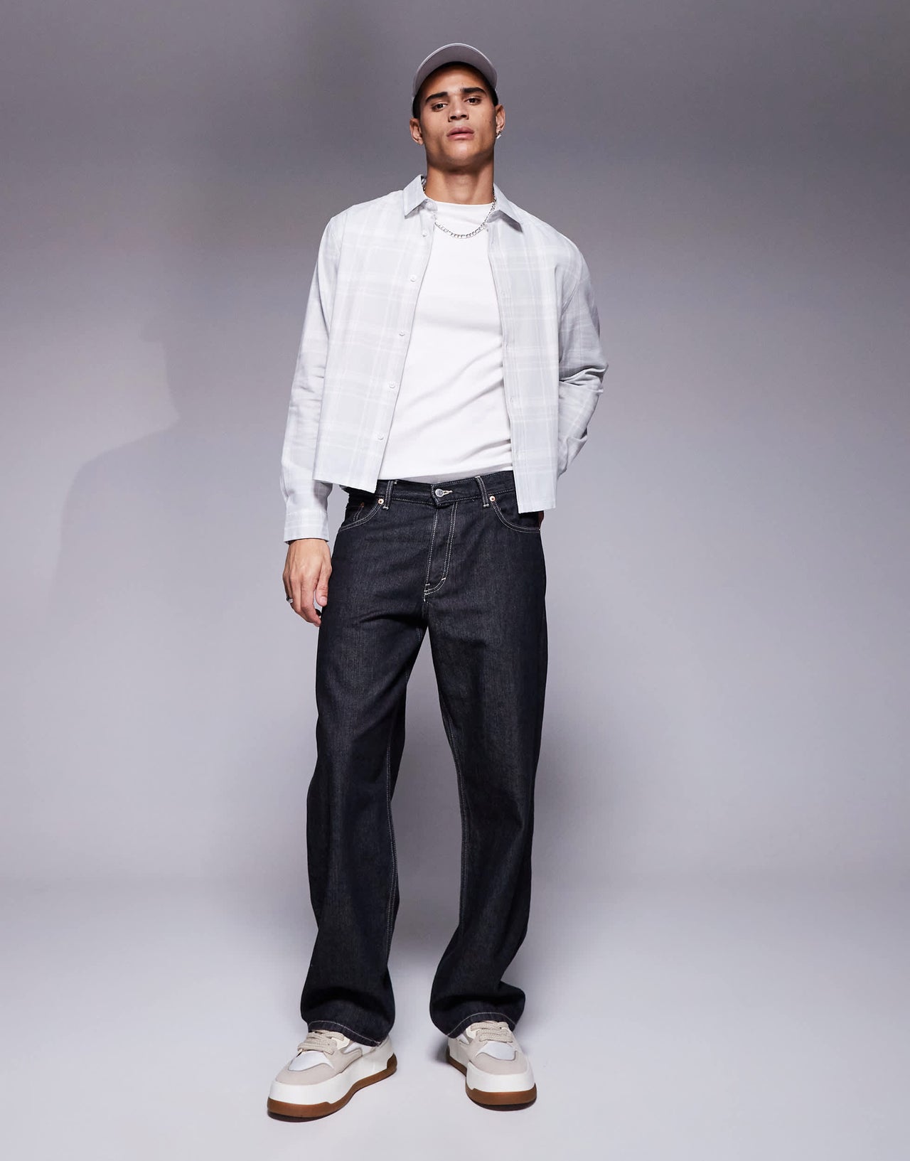 ASOS DESIGN boxy regular shirt in grey check