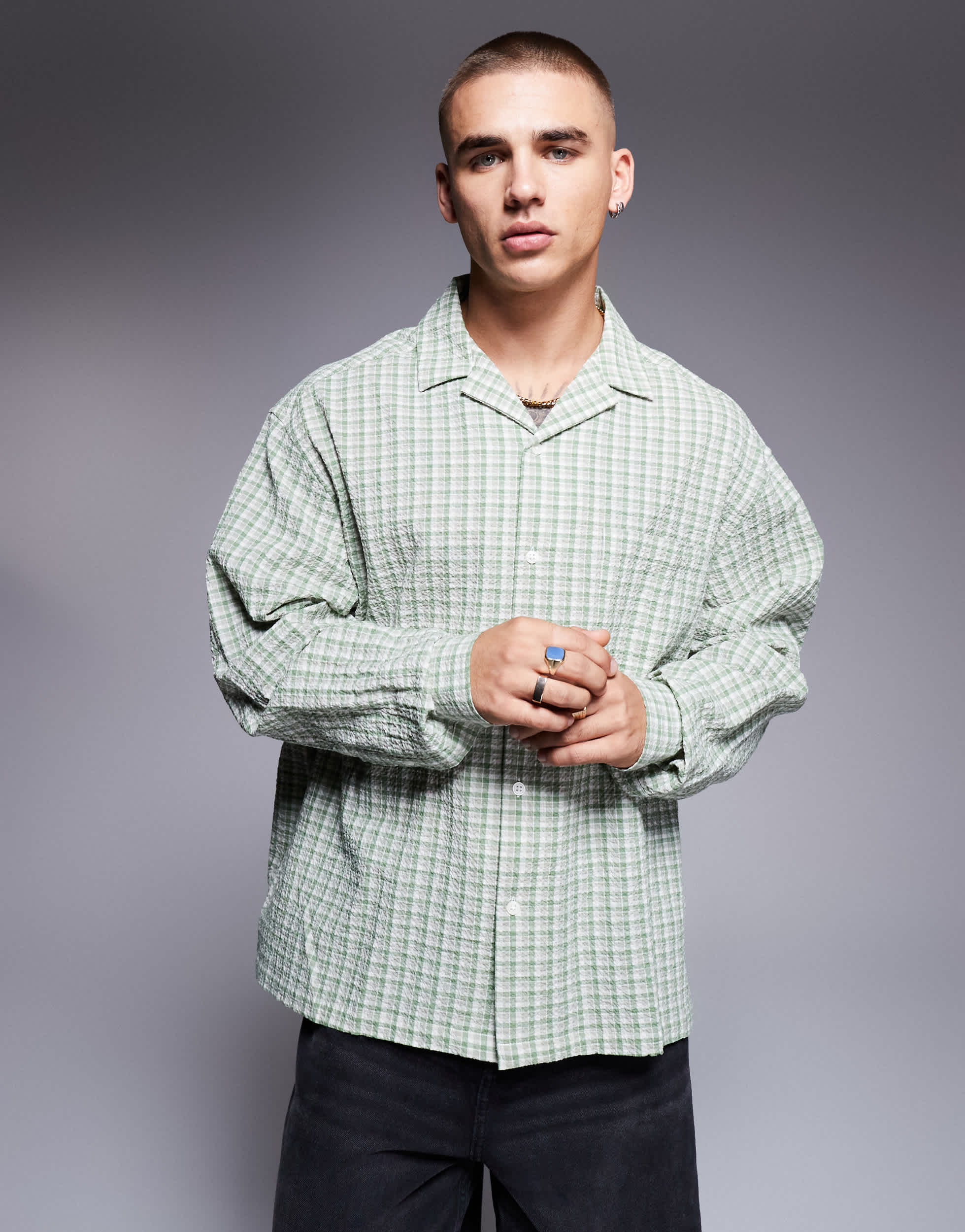 ASOS DESIGN boxy oversized revere shirt in sage dad check