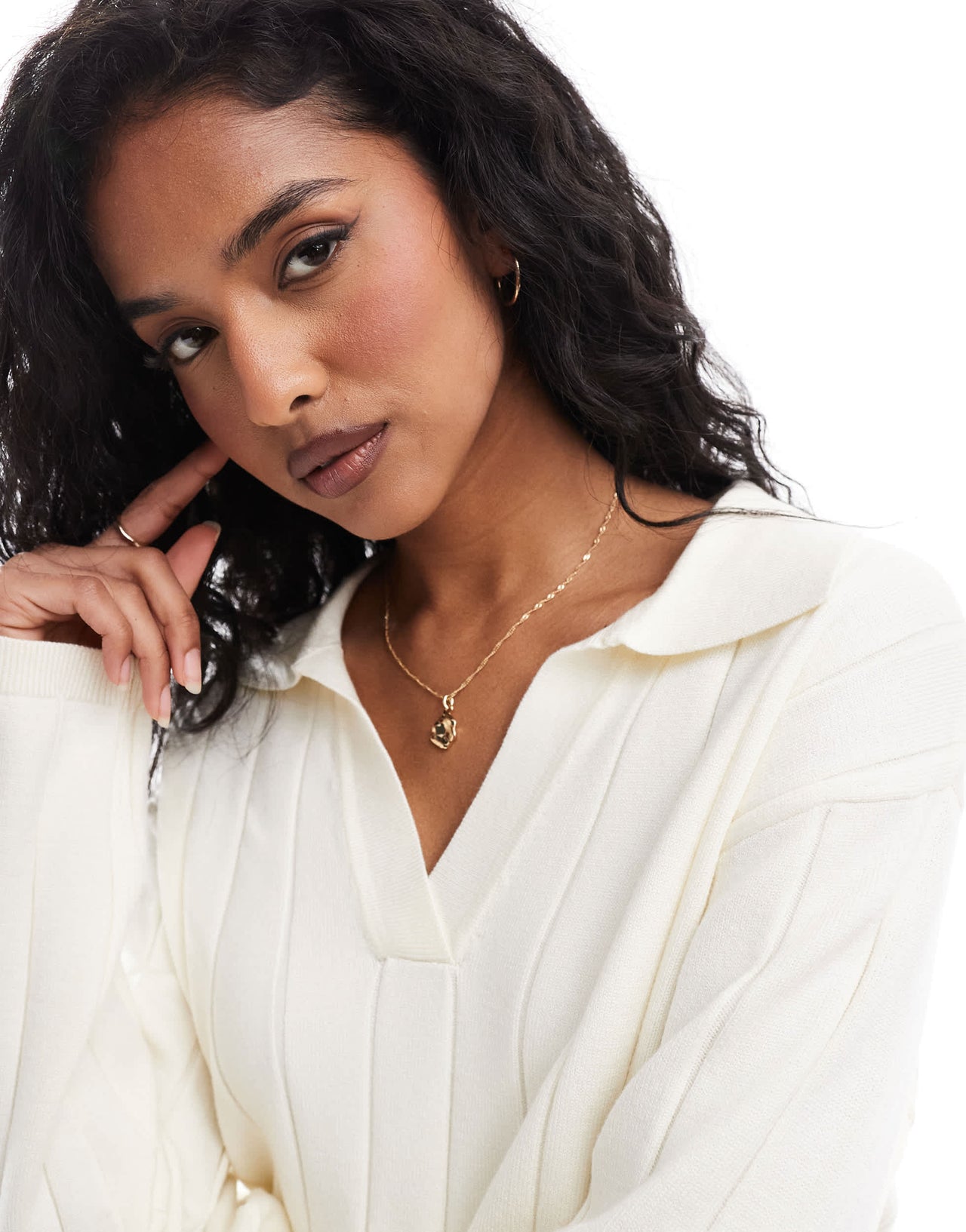 YAS wide rib knitted jumper co-ord with open polo neck in cream - CREAM