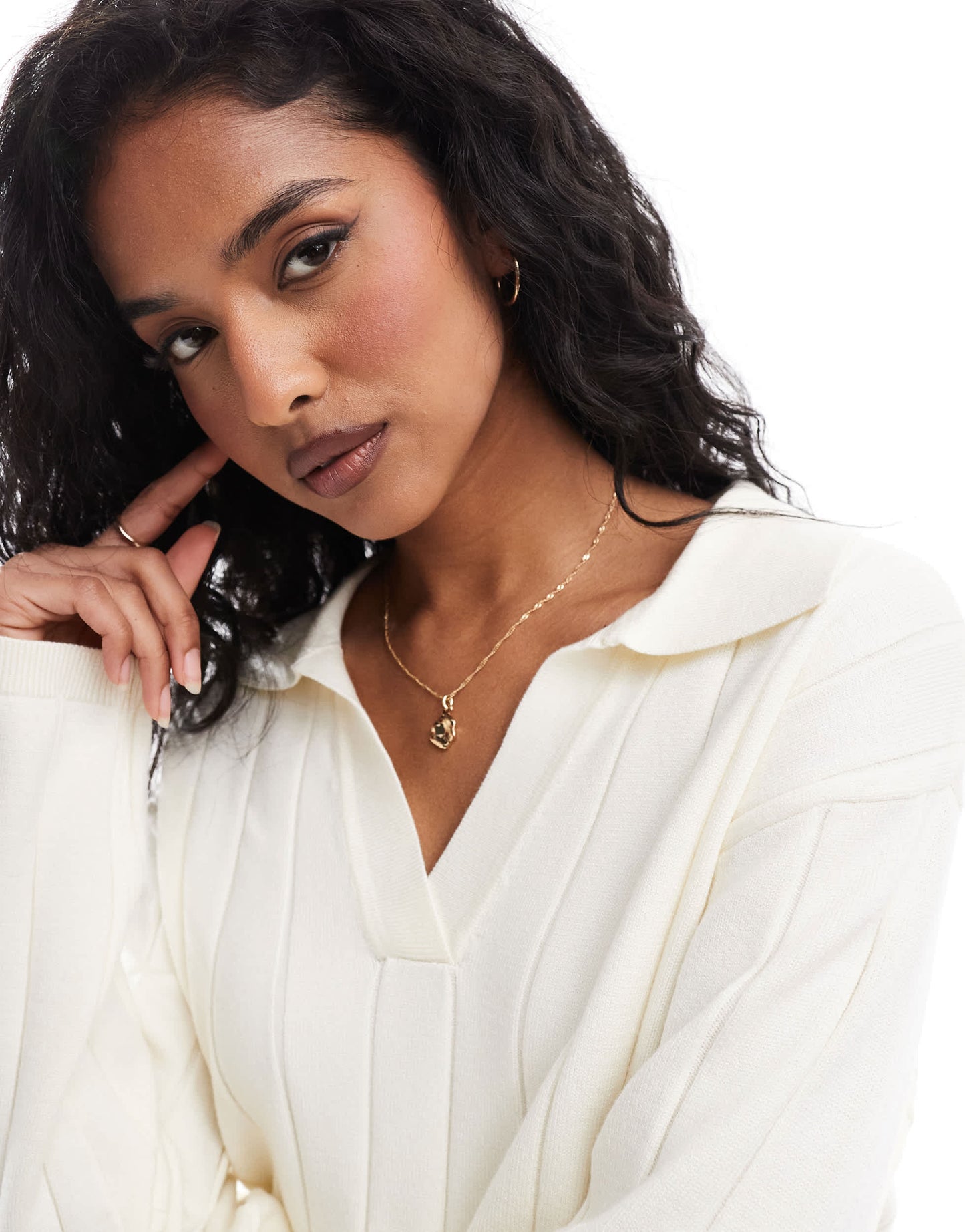 YAS wide rib knitted jumper co-ord with open polo neck in cream - CREAM