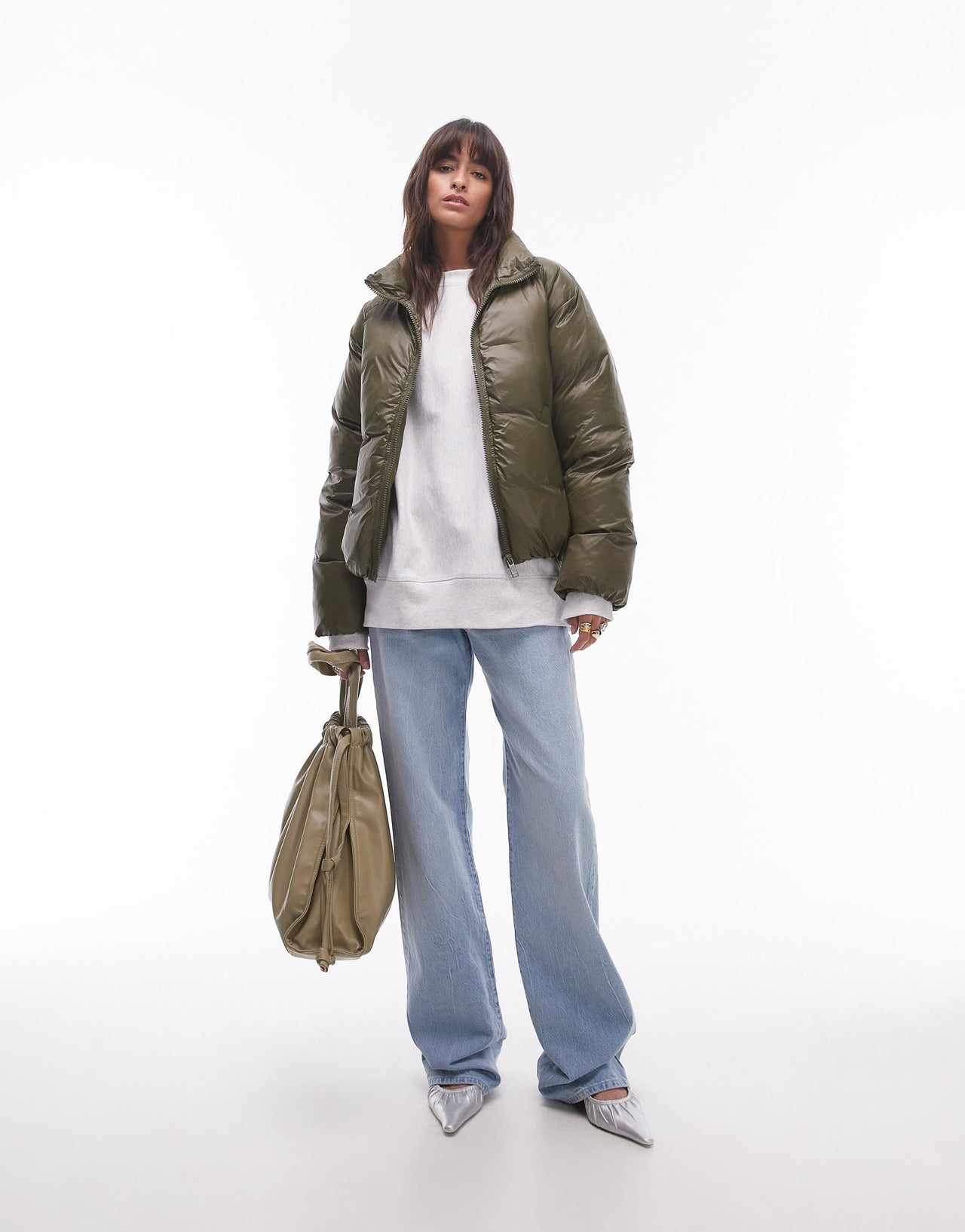 Topshop puffer bomber jacket in mossy green