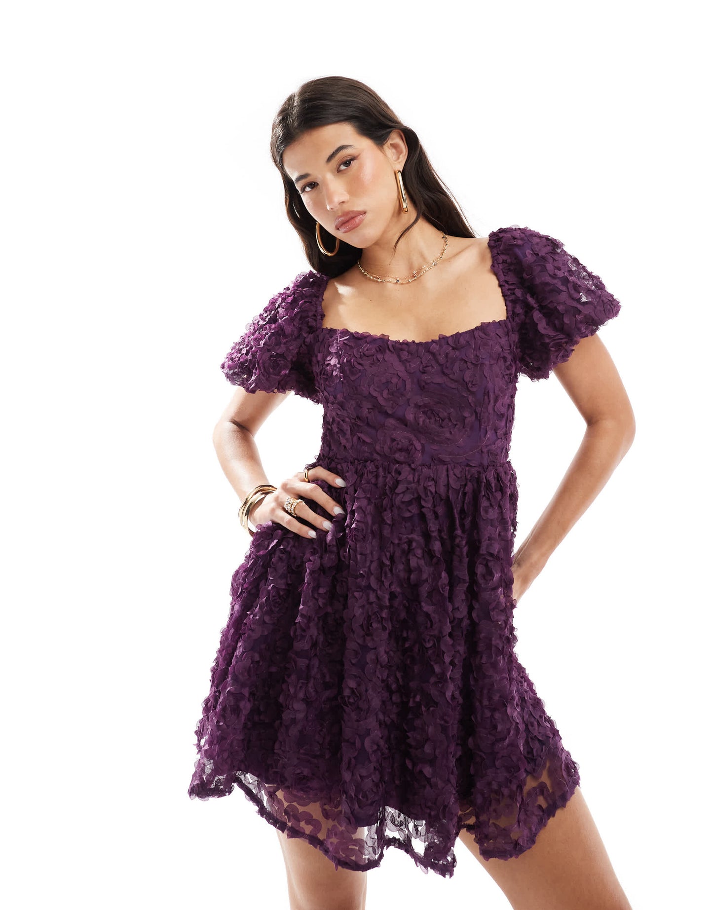 Love Triangle mini prom skater dress with tie back in 3D floral in plum
