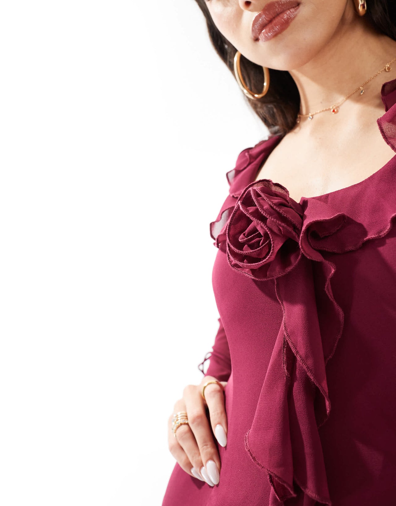 Love Triangle chiffon maxi dress with corsage detail in deep plum