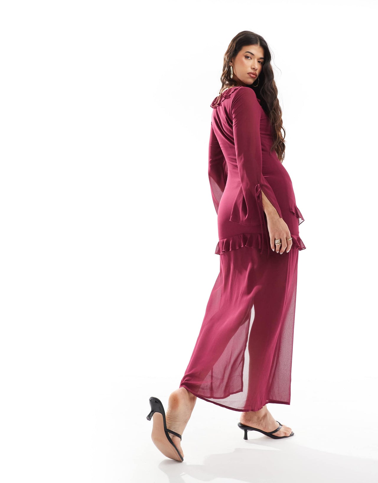 Love Triangle chiffon maxi dress with corsage detail in deep plum