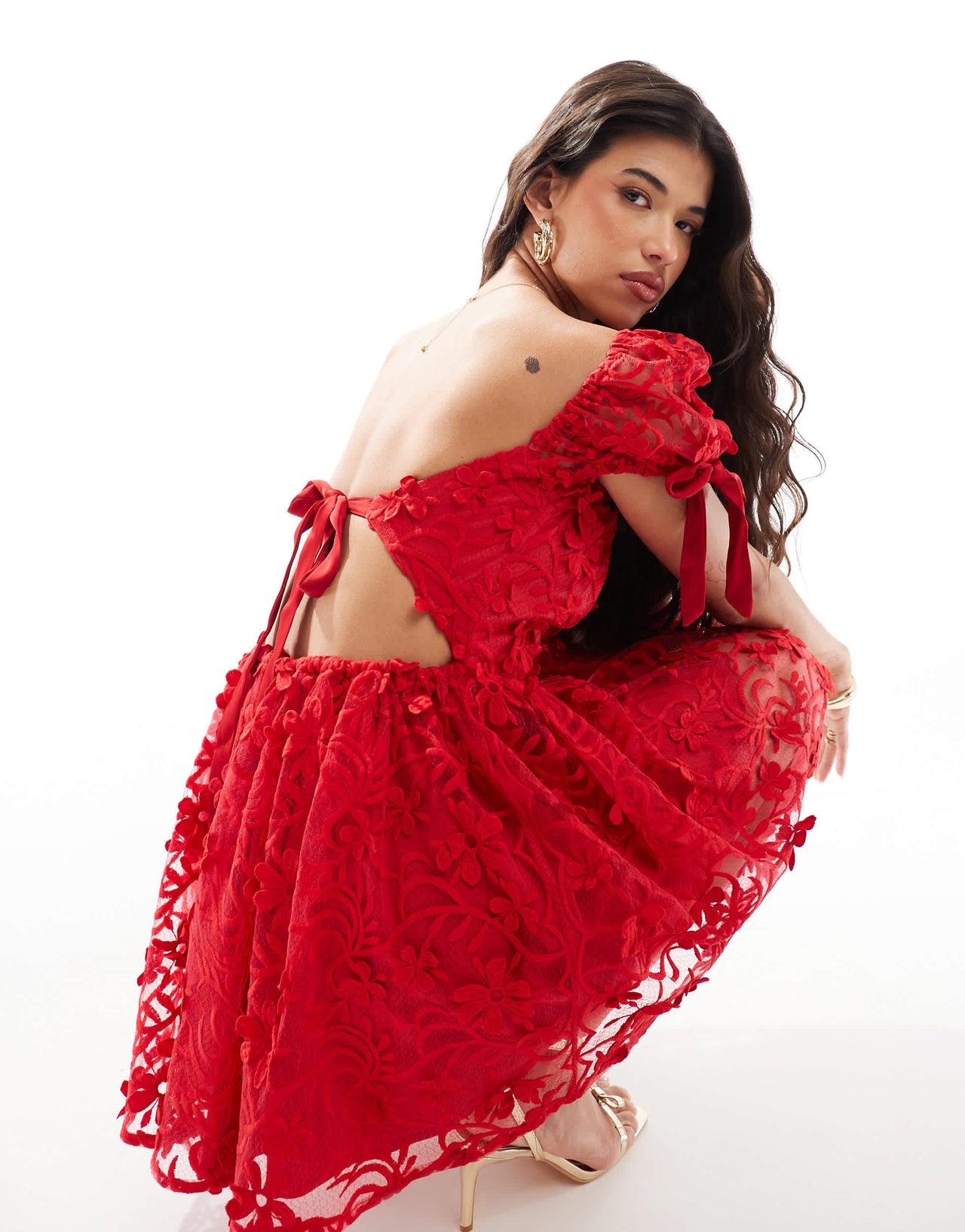 Love Triangle lace mini dress with tie back in red