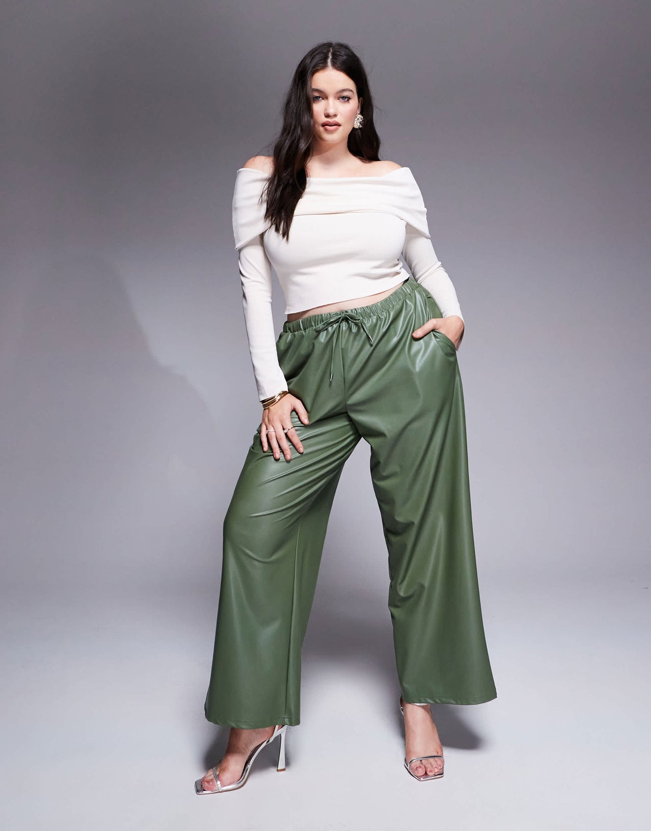 ASOS DESIGN Curve leather look tie waist wide leg trousers in green