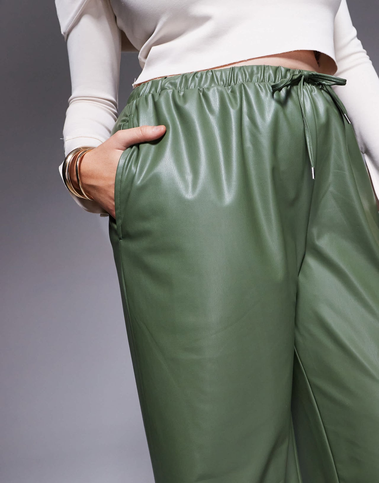 ASOS DESIGN Curve leather look tie waist wide leg trousers in green