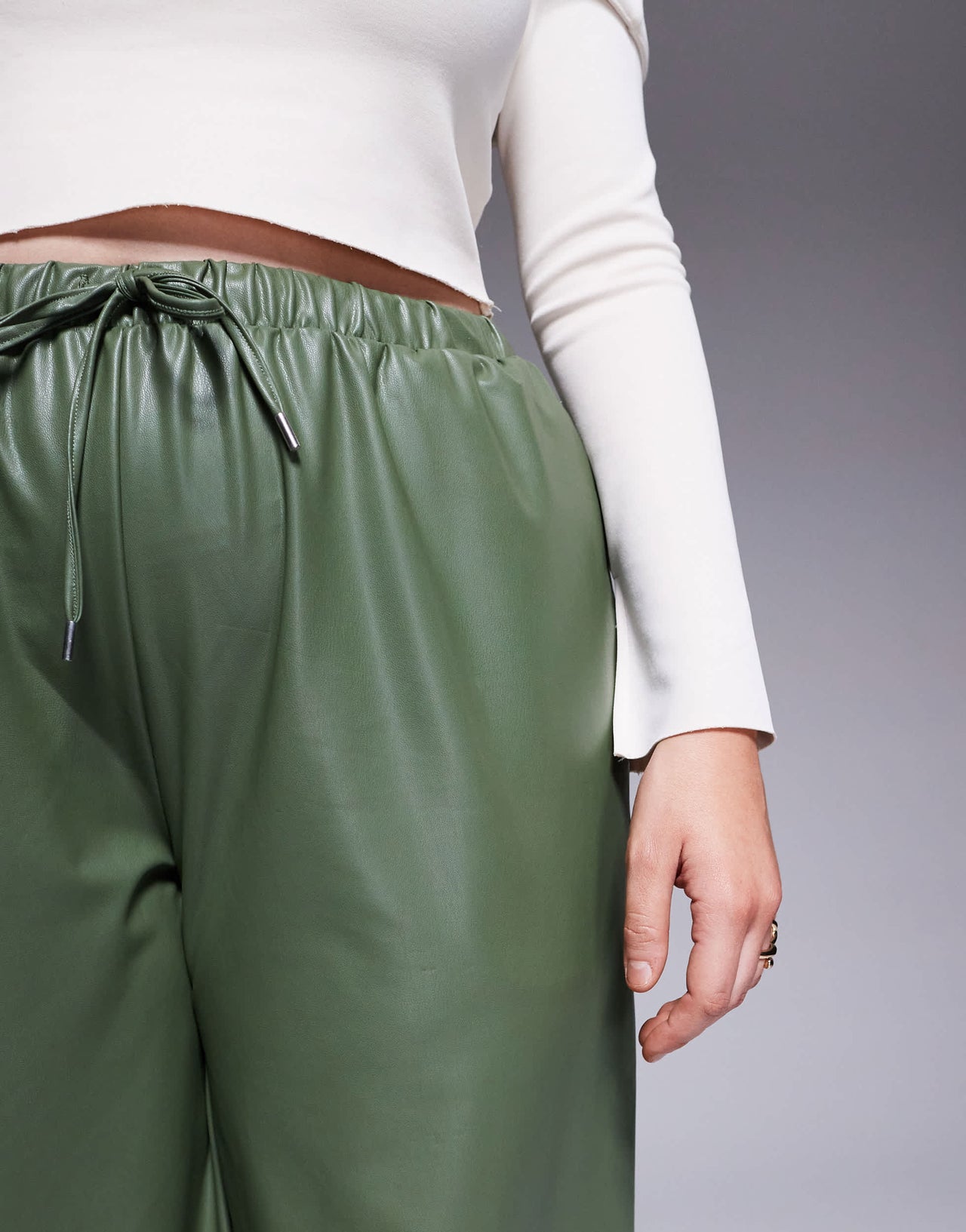 ASOS DESIGN Curve leather look tie waist wide leg trousers in green