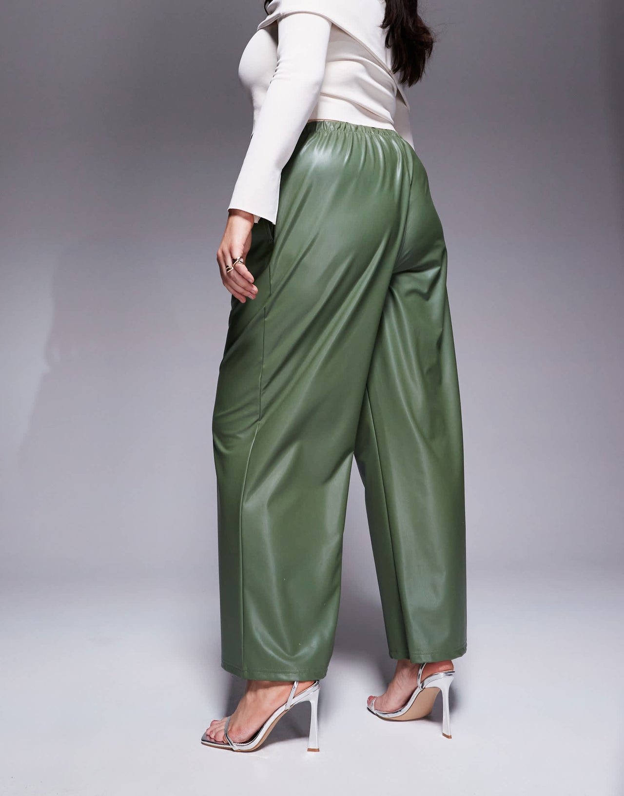 ASOS DESIGN Curve leather look tie waist wide leg trousers in green