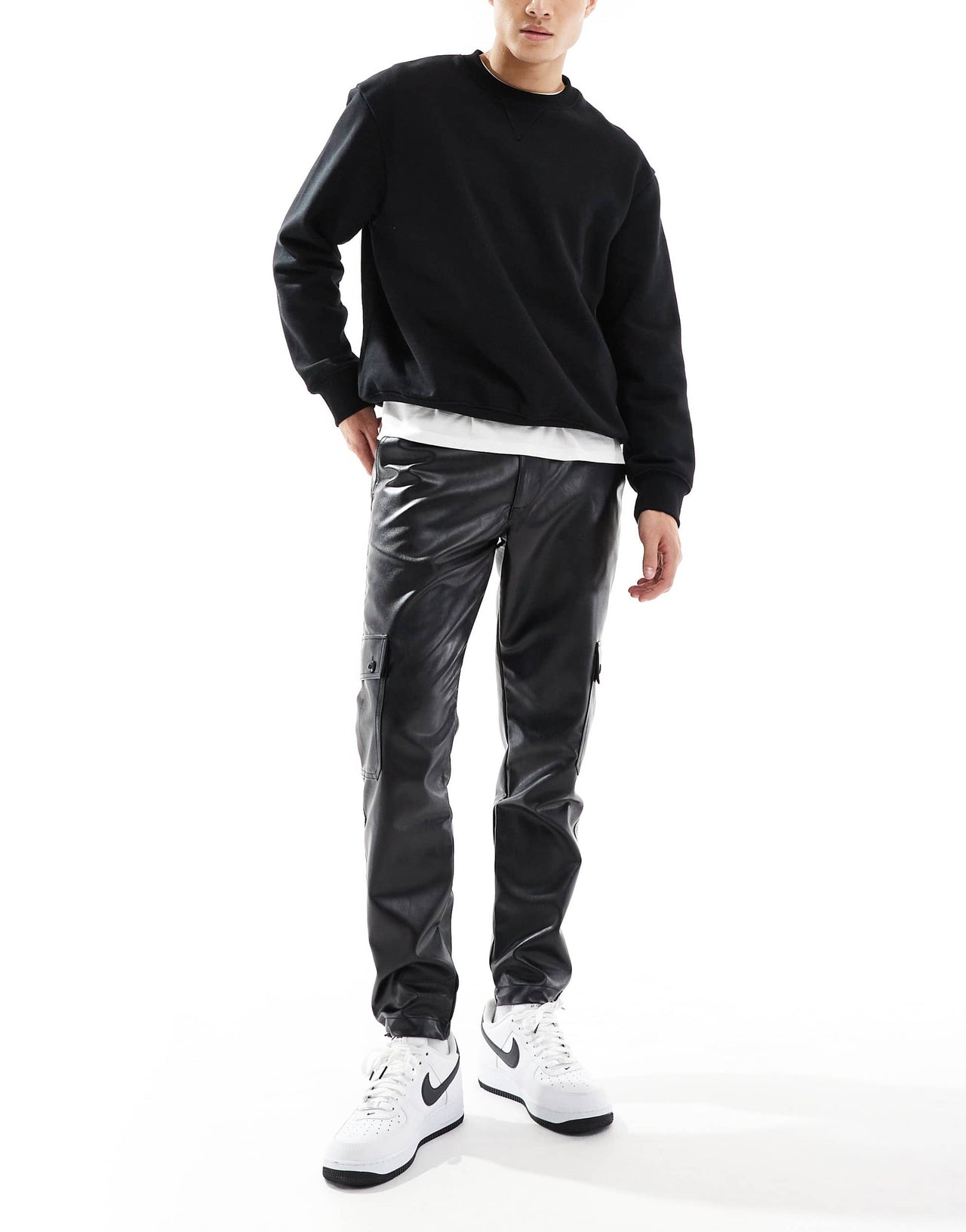 ASOS DESIGN tapered cargo leather look trousers in black
