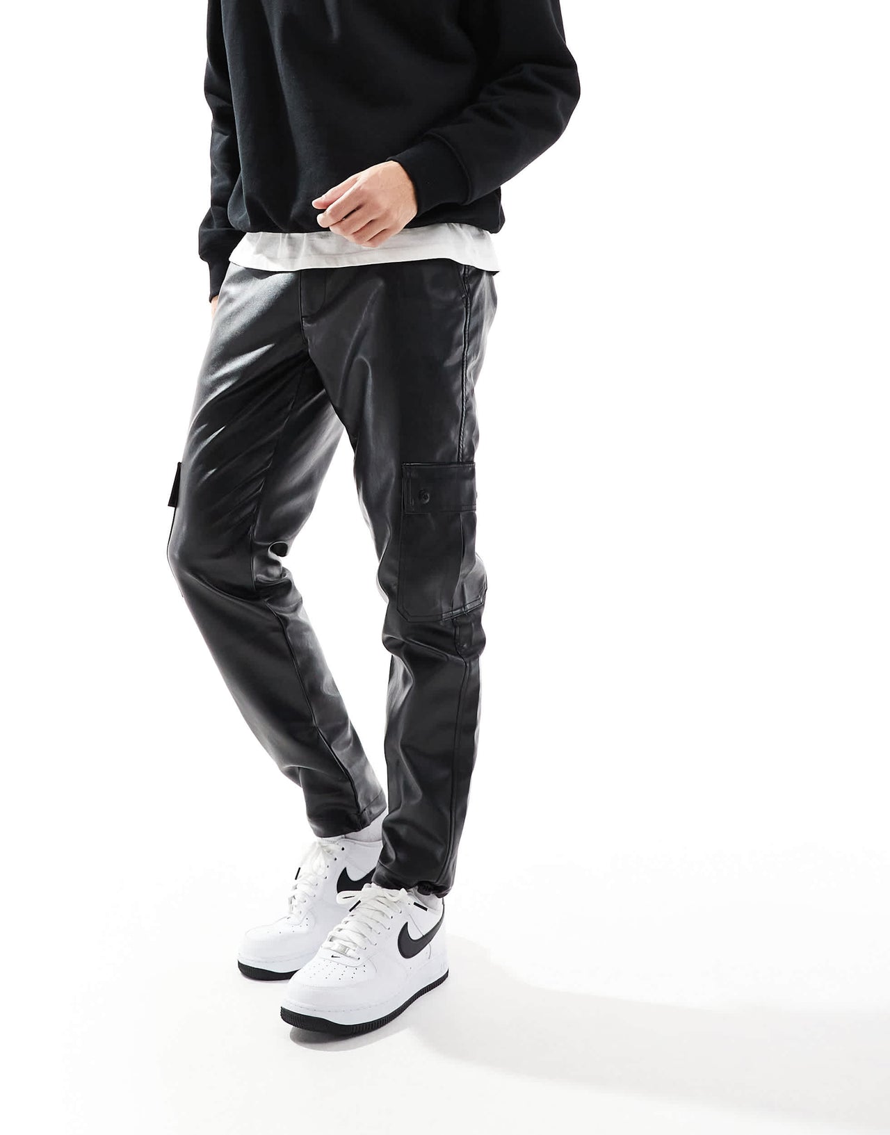 ASOS DESIGN tapered cargo leather look trousers in black