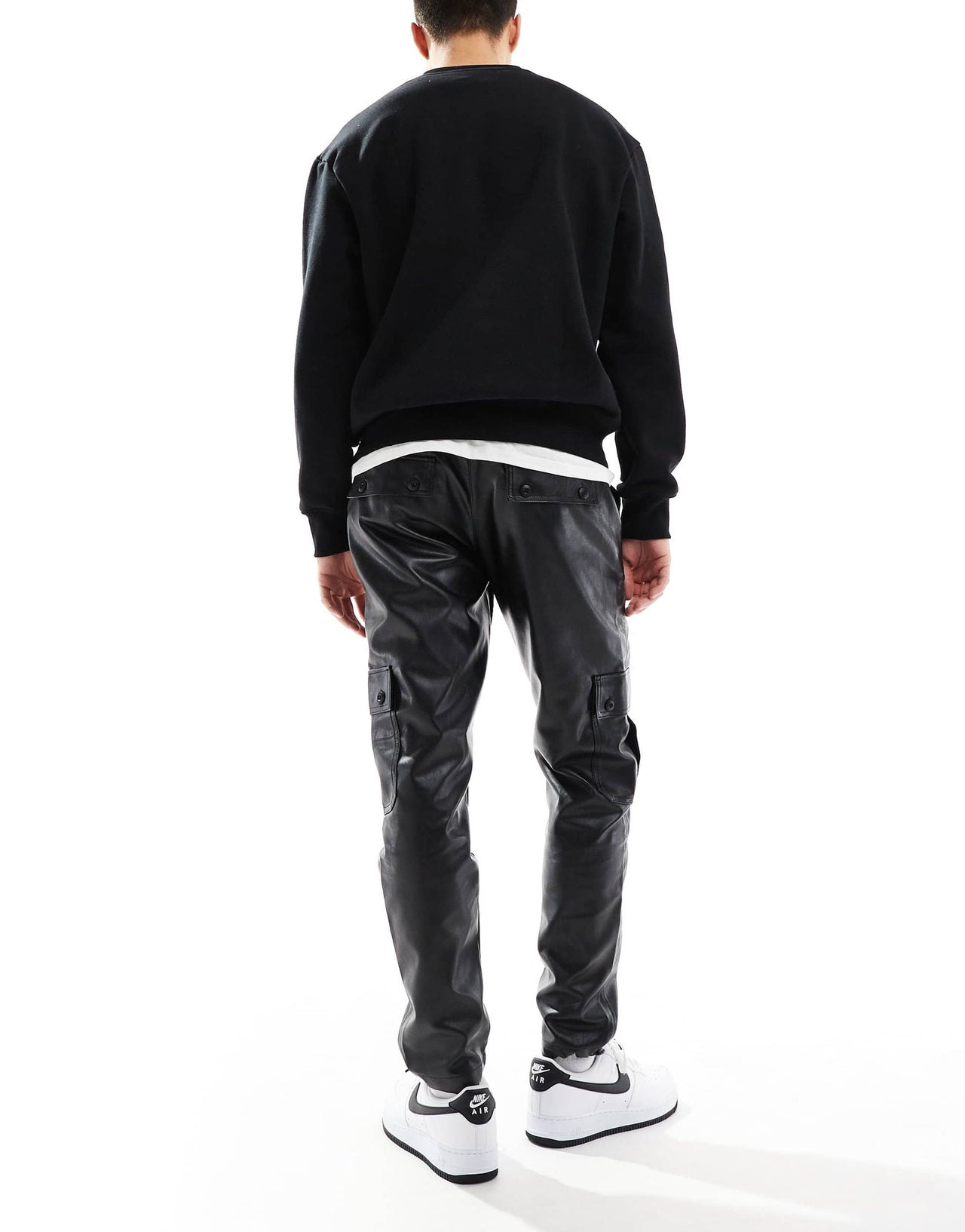 ASOS DESIGN tapered cargo leather look trousers in black